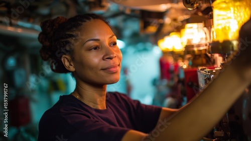 Woman operates equipment in a submarine control room, showcasing teamwork and dedication during a mission at sea