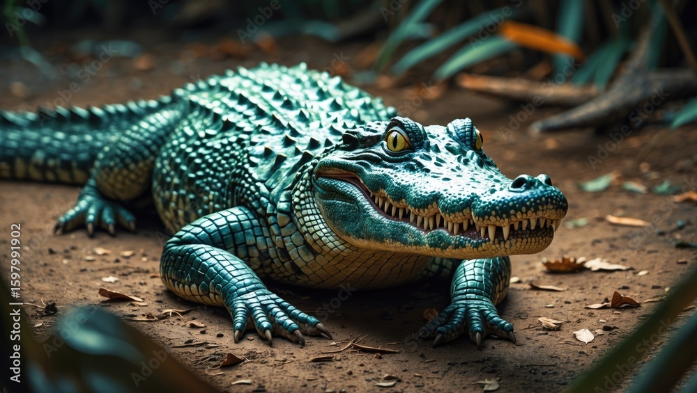 Obraz premium A young crocodile in a natural environment. Reptile and wildlife photography, nature scene. The concept of wildlife and reptiles.
