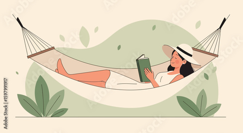 Woman Enjoying Summer Restful Leisure Reading Book in Hammock Illustration