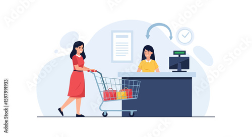 Woman Shopping At Grocery Store With Full Cart Checkout Illustration