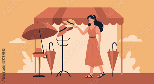 Woman Shopping At Outdoor Market Stall Choosing Stylish Hat On Sunny Day