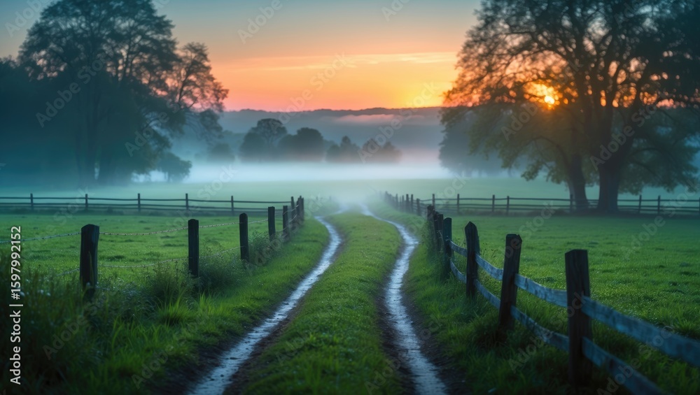 Fototapeta premium Serene countryside with dirt paths and fencing at sunrise, peaceful rural landscape, morning mist, natural scenery, tranquil farm setting.