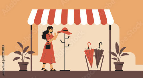 Woman Shopping For Fashionable Hat At Outdoor Market Stylish Boutique