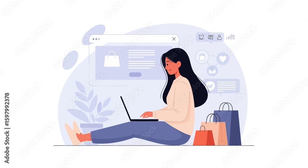 Woman Shops Online From Home With Laptop And Shopping Bags Illustration