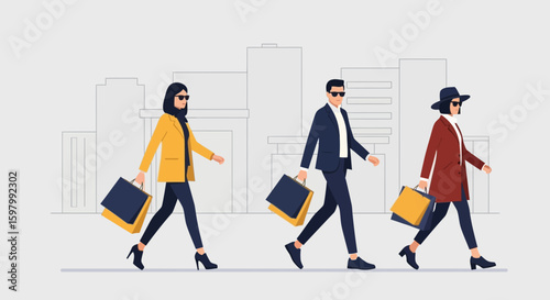 Stylish People Enjoying Urban Shopping Spree In The City Backdrop Illustration