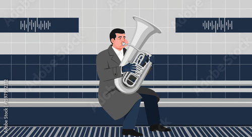Stylish Man Plays Tuba at Subway Stop Capturing Unique Musical Performance