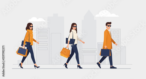 Stylish People Strolling Down City Street With Shopping Bags And Modern Architecture