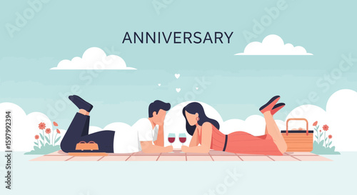 Romantic Anniversary Celebration With Couple Enjoying A Picnic Under Blue Sky
