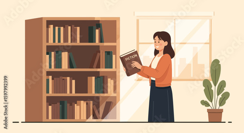 Woman Enjoys Reading Fiction Novel Next To Bookcase And Window In Relaxing Room