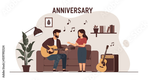 Romantic Anniversary Celebration With Guitar Music And Serenading Couple In Living Room
