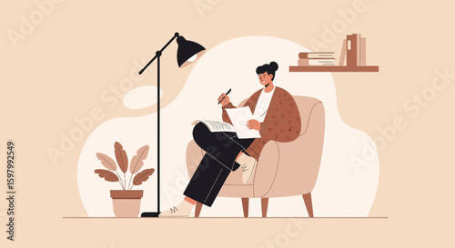 Woman Sitting In Armchair Writes Notes On Paper At Home Relaxing Atmosphere