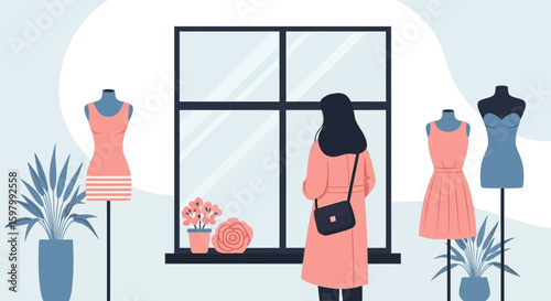 Stylish Woman Admiring Fashionable Dresses in a Boutique Window Display
