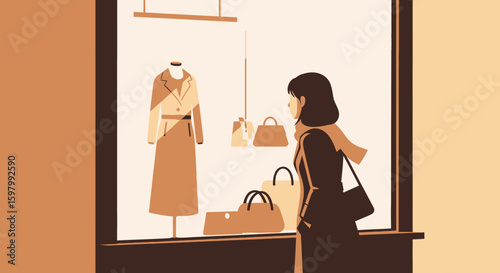 Stylish Woman Admiring Fashionable Items Displayed In Shop Window At Evening