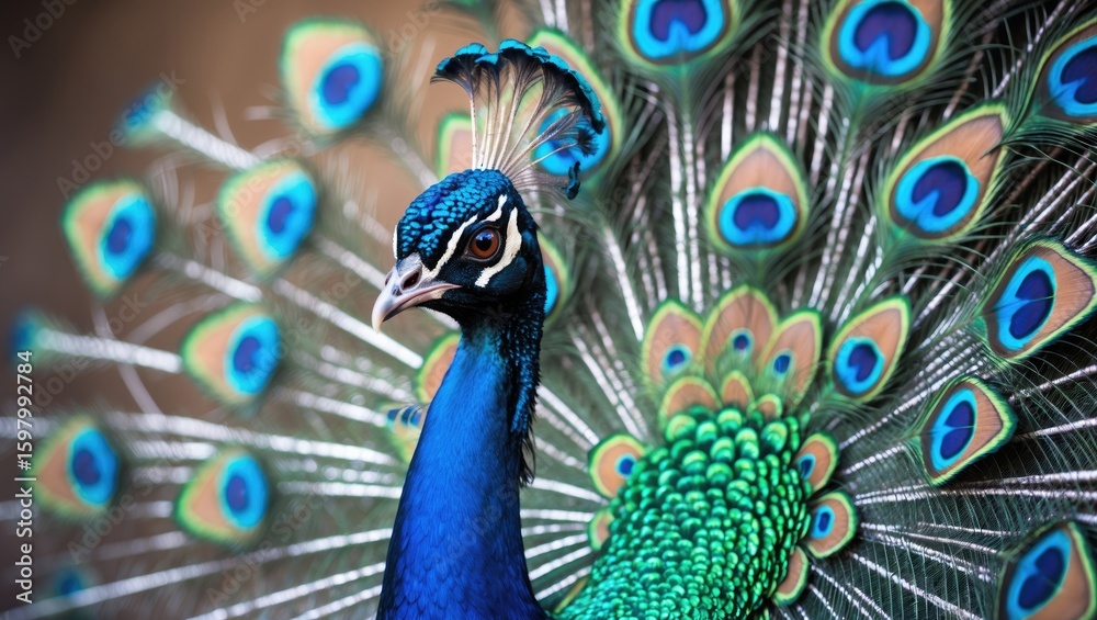 Obraz premium Peacock with vibrant blue feathers and eye-shaped patterns on its tail, showcasing its stunning display. Nature and wildlife, exotic bird, colorful plumage, attraction.