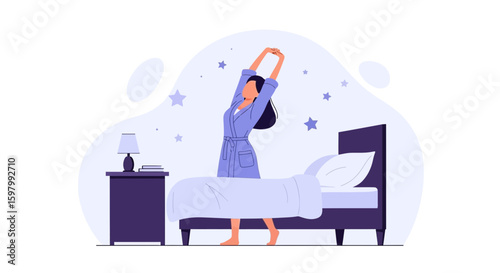 Woman Stretching After Waking Up With Stars In The Background