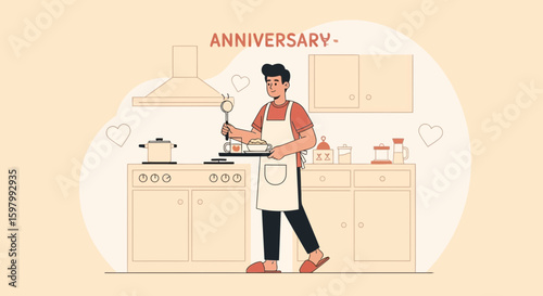 Romantic Anniversary Dinner Prepared At Home By Man Wearing Apron In Kitchen