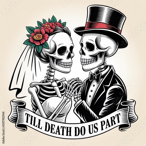 A whimsical illustration of skeletons in wedding attire, symbolizing eternal love with a gothic twist.