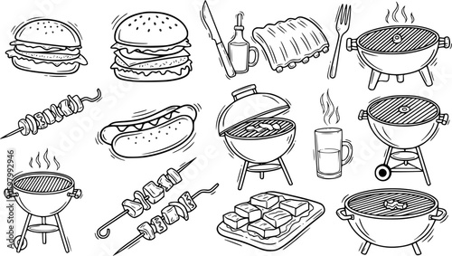barbecue icons, line art, vector illustration