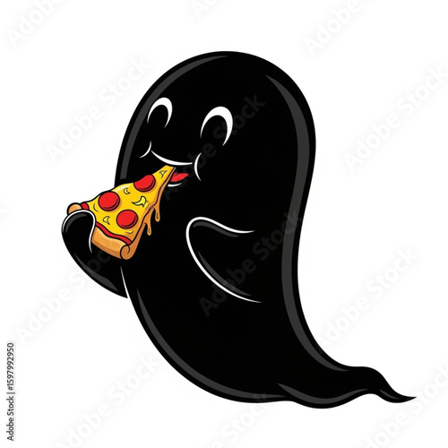 Black Ghost Eating Pizza – Minimalist Spooky-Cute Silhouette Vector Art