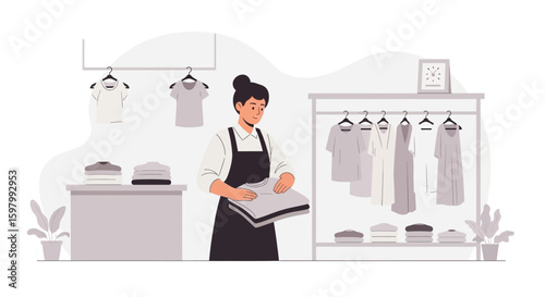 Woman Folding Clothing Preparing Garments On Table In Shop Boutique