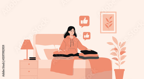 Woman Folding Laundry At Home Receiving Online Approval And Positive Feedback