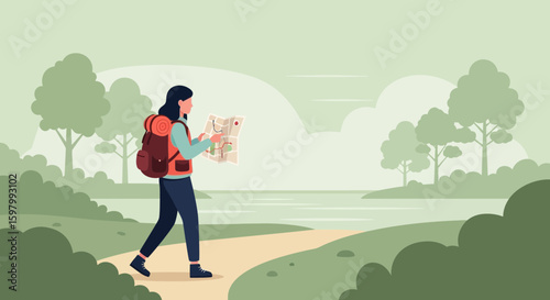 Woman Hiking And Navigating With A Paper Map In Nature Landscape