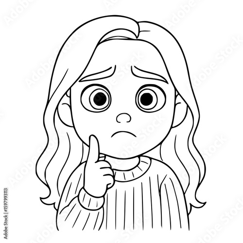 Worried girl cartoon with finger on chin and uncertain facial expression