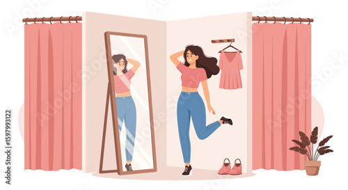 Woman Tries Clothes Inside Dressing Room Checks Herself Out In The Mirror