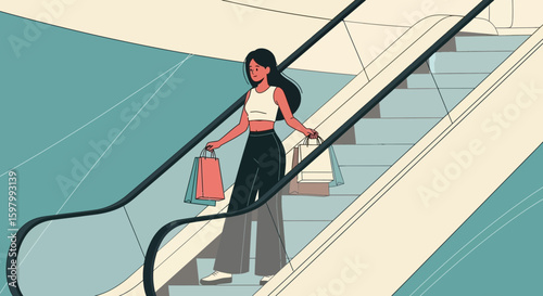 Stylish Woman On Escalator Holding Bags After Shopping Spree In Pastel Colors