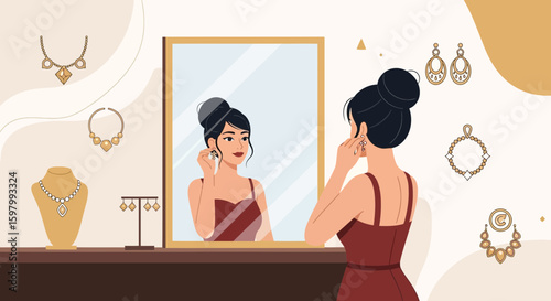 Woman Trying on Jewelry in Front of Mirror with Elegant Background Display