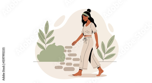Woman In Casual Wear Strolling Barefoot Outdoors Enjoying A Peaceful Nature Scene