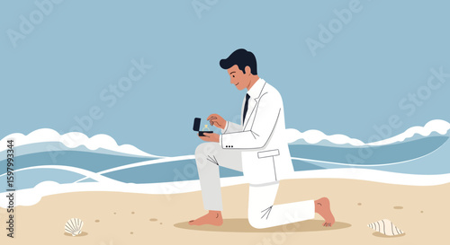 Romantic Beach Proposal With Elegant Man And Ocean Waves Scenery