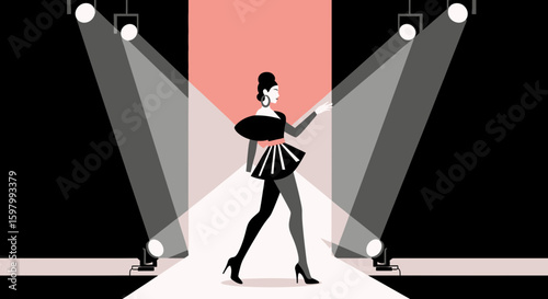 Stylish Woman Strutting On Runway Under Bright Spotlights In Fashion Show