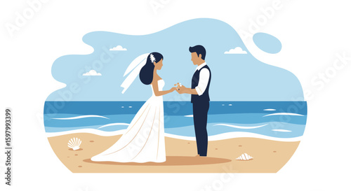 Romantic Beach Wedding Ceremony Minimalist Illustration For Marriage Celebration