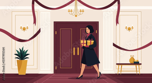 Woman Walking Elegant Hallway With Presents Elegant Design Rich Atmosphere