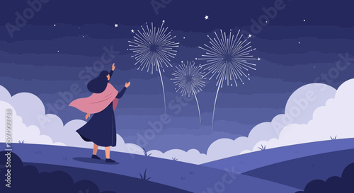 Woman Watching Fireworks Display In The Night Sky On The Horizon Celebration