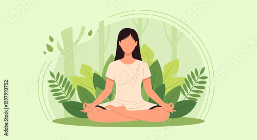 Woman In Meditation Surrounded By Foliage Practicing Mindfulness And Self Care