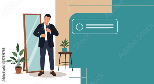 Stylish Young Man Getting Dressed In Front Of A Mirror In His Modern Apartment