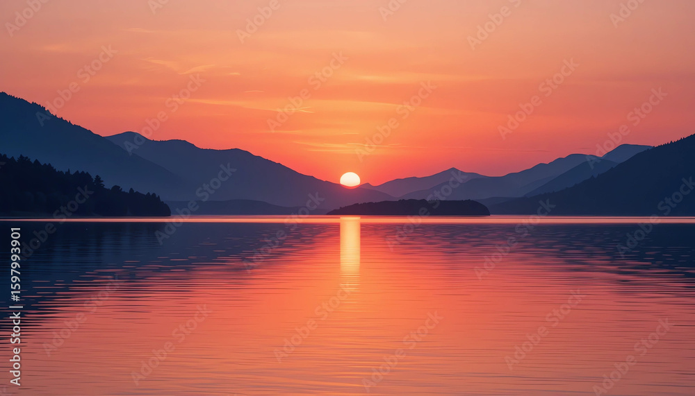 Fototapeta premium Sunset over a calm lake, warm orange and pink tones in the sky, reflections in water, silhouette of mountains, peaceful nature photography, ultra-clear, professional shot 