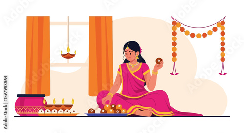 Woman In Traditional Dress Celebrating Diwali At Home With Diyas And Sweets
