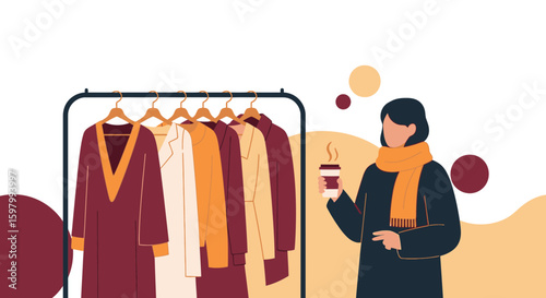 Woman With Coffee Choosing Outfits Fashionable Coats In Clothing Store