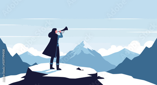 Woman With Megaphone Announcing News From Mountain Peak In Snowy Landscape