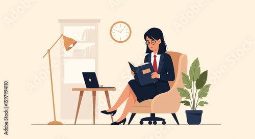 Successful Professional Woman Studying Book At Home During Break Businesswoman