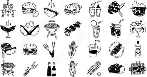 barbecue icons, line art, vector illustration