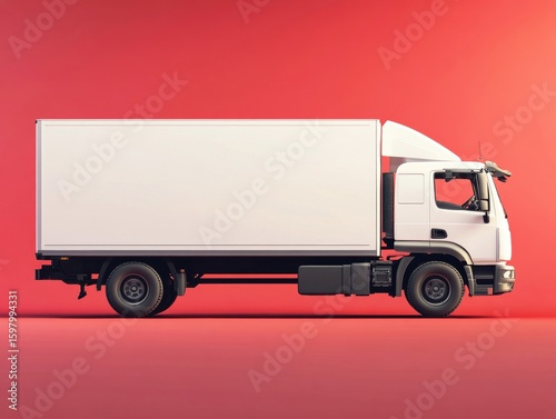 A large white delivery truck is positioned on a vibrant red background. The vehicle showcases its side profile, emphasizing its spacious cargo area and sturdy design.