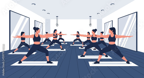 Women Practicing Yoga Together In Studio Demonstrating Warrior Pose