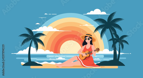 Sunset Serenade Woman Playing Ukulele On a Tranquil Tropical Beach Vacation
