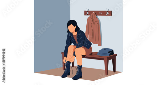Woman Lacing Boots in a Modern Dressing Room Vector Illustration