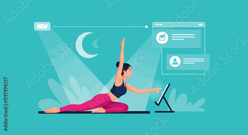 Yoga Practice And Online Communication With Digital Tablet At Night Time