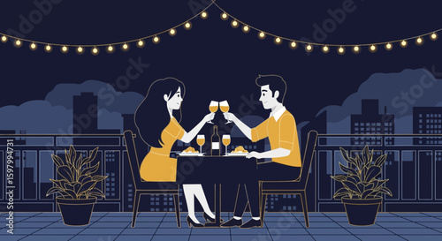 Romantic Evening Couple Toasting On The Rooftop With City Skyline View